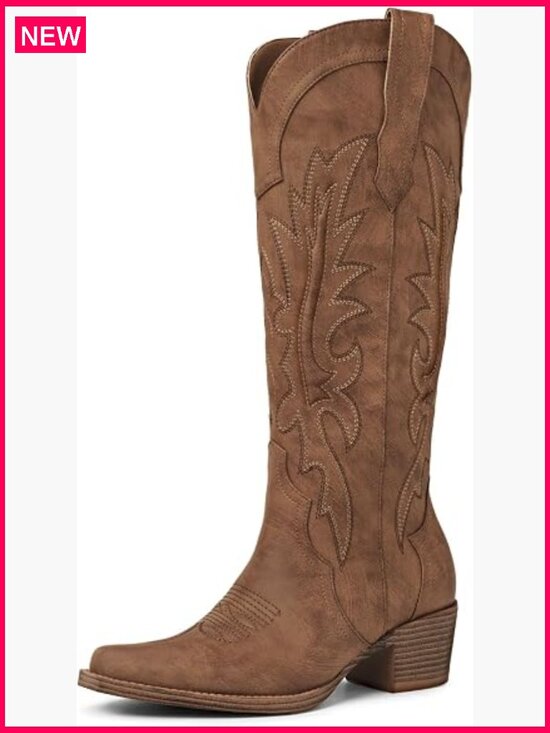 Shoes - Knee High Cowboy Boots Pointed Toe Embroidered Chunky Heel Western Boots